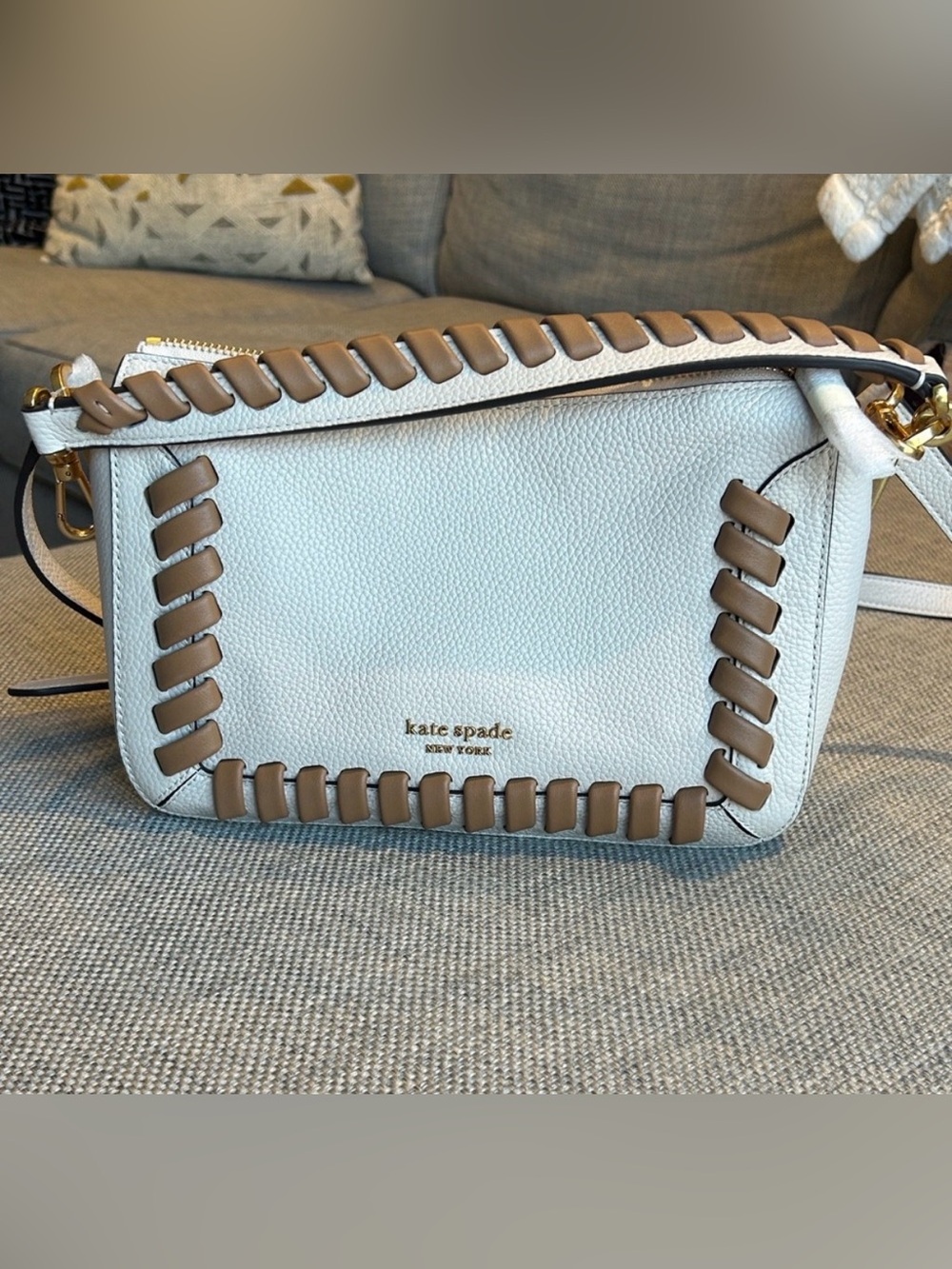 Kate Spade Cream and Tan Crossbody Shoulder Bag with Woven Trim - Picture 2 of 7